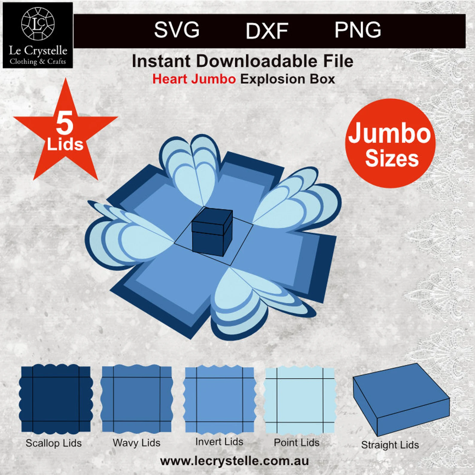 Explosion Box Jumbo Hearts 3 sizes 5 Lids SVG