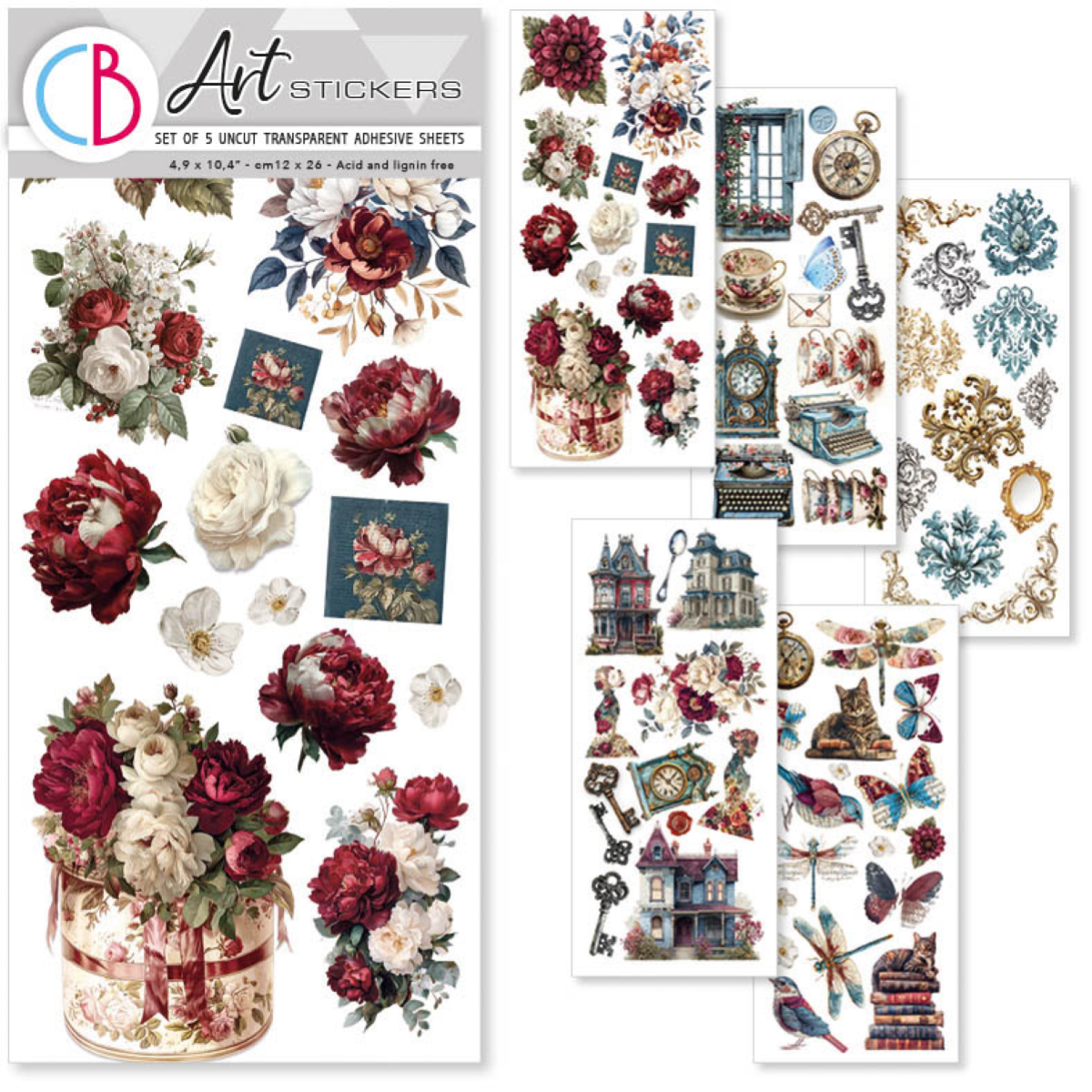 Bohemian Burgundy Art Stickers transparent adhesive sheets 5/Pkg